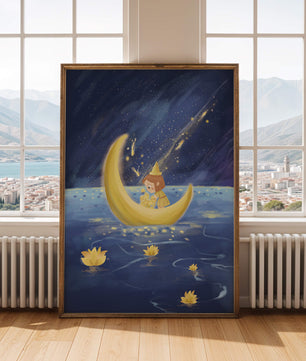 Voyage nocturne magique avec une fille dans un bateau-lune doré