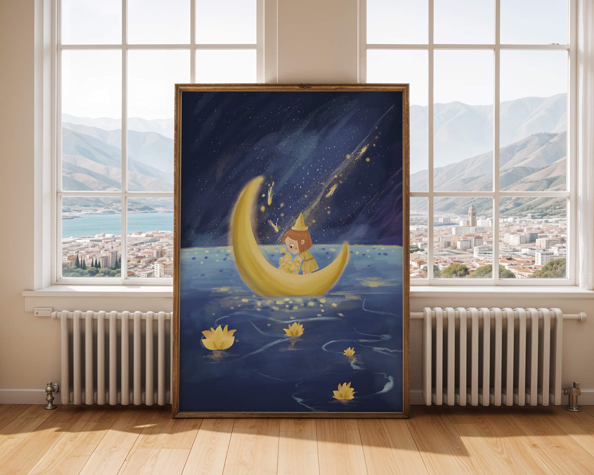 Magical Night Journey with Girl in Golden Moon Boat