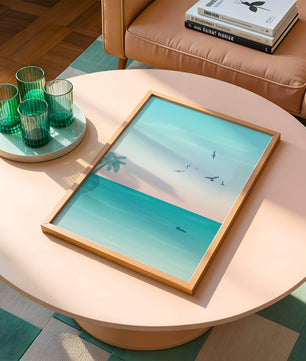 Serene Beach Landscape with Palm Trees and Seagulls at Sunset