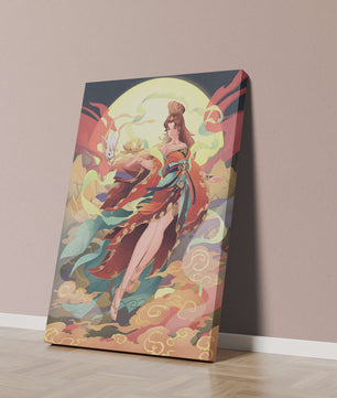 An enchanting depiction of a celestial figure with a mystical rabbit and vibrant attire