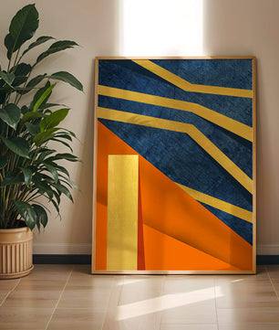 Composición geométrica abstracta con elementos dorados, azules y naranjas