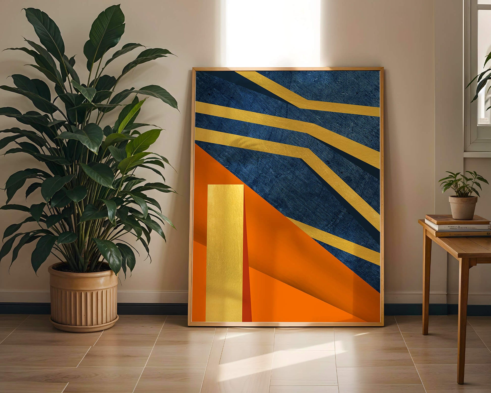 Composición geométrica abstracta con elementos dorados, azules y naranjas