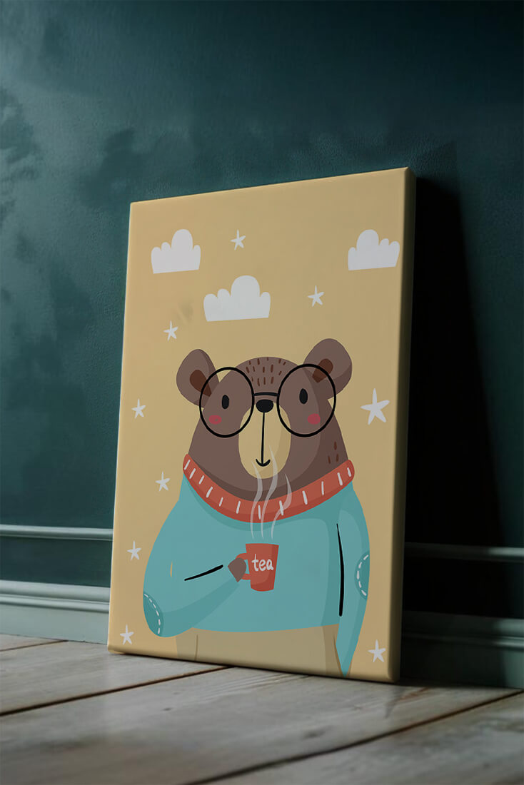 Illustration of a bear with glasses holding a tea cup against a starry background