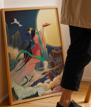 Oriental Fantasy Scene with Woman Offering Gift to the Moon