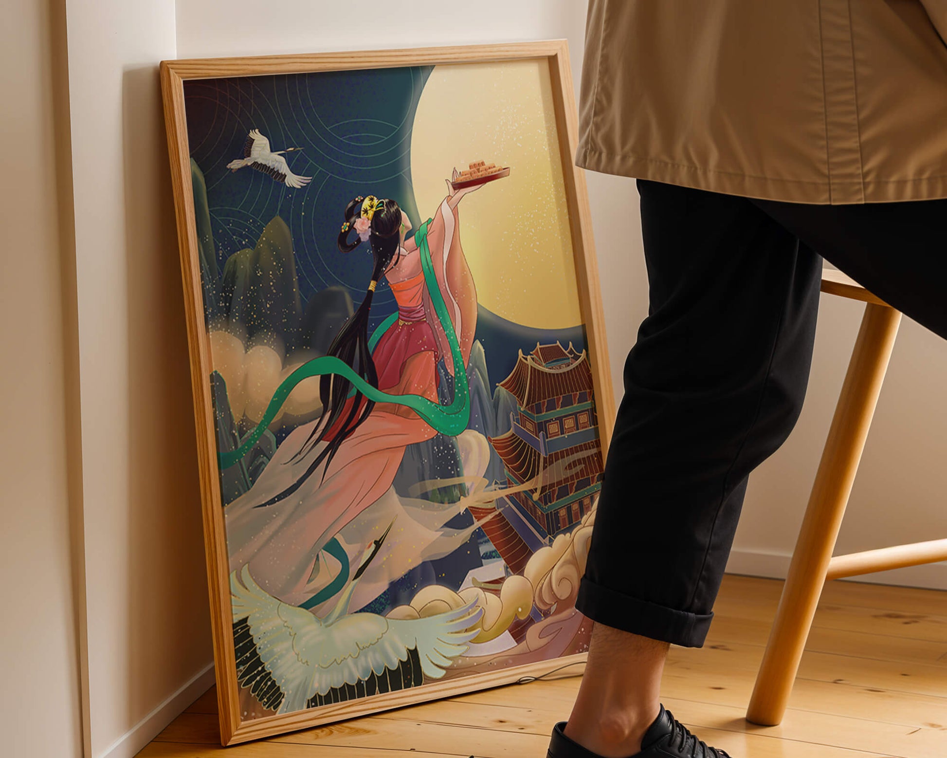Oriental Fantasy Scene with Woman Offering Gift to the Moon
