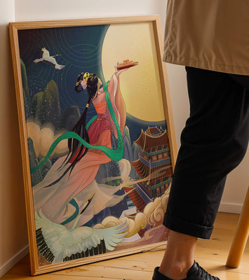 Oriental Fantasy Scene with Woman Offering Gift to the Moon