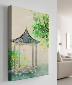 Serene garden pavilion amidst lush green trees and calm waters