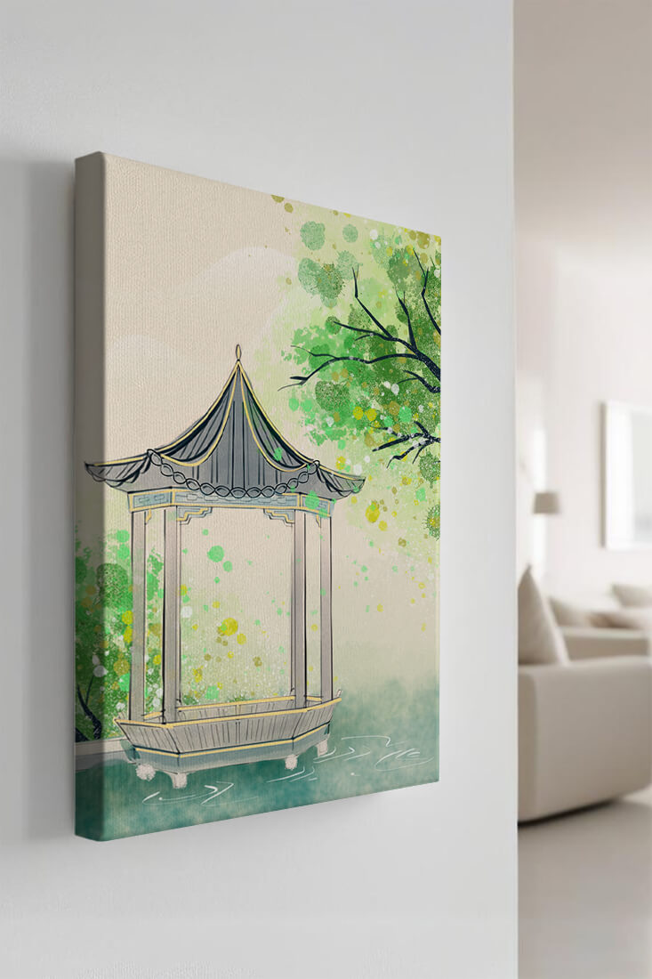 Serene garden pavilion amidst lush green trees and calm waters