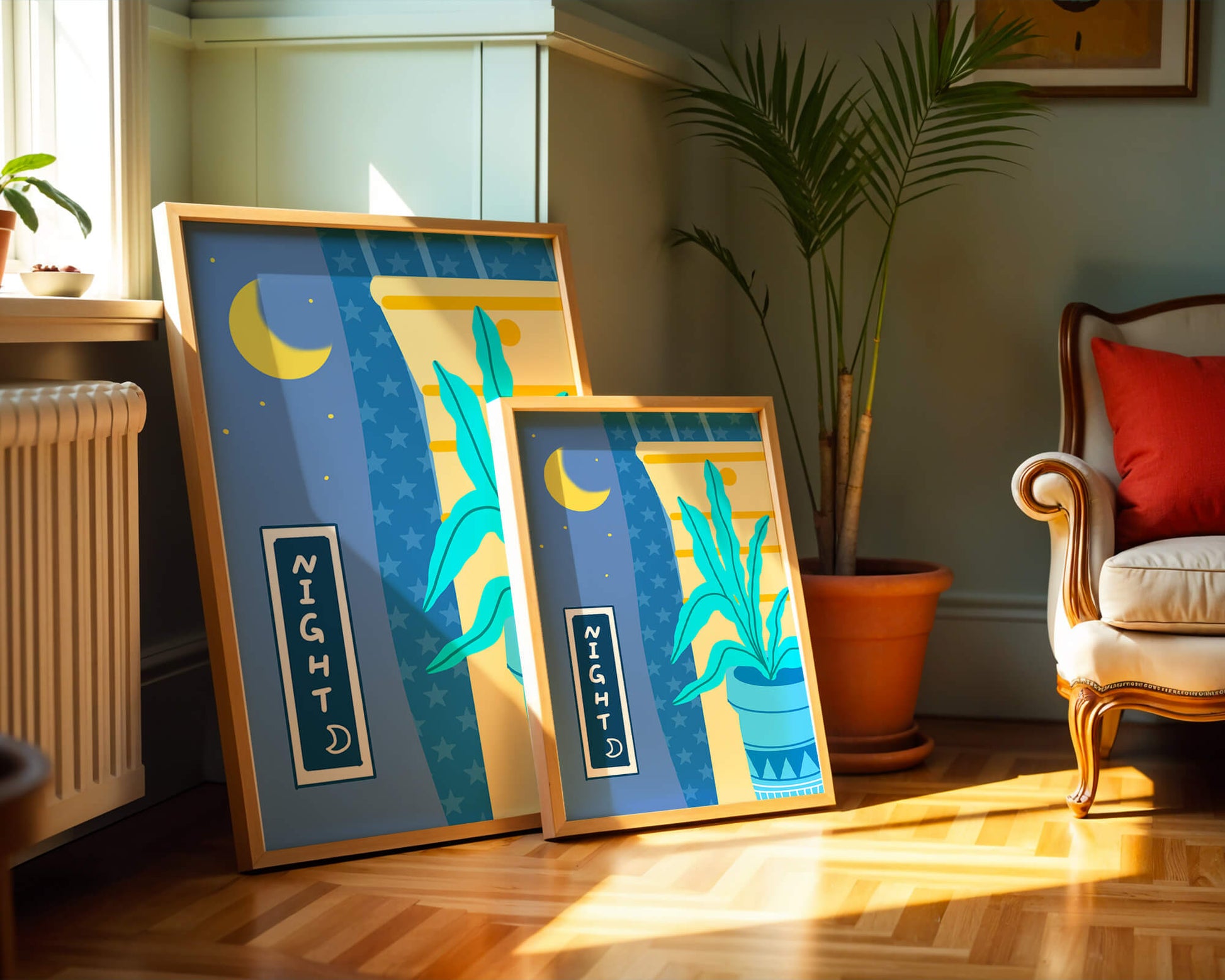 Nighttime plant illustration with crescent moon and starry background