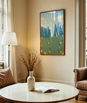 Landschaft mit schneebedeckten Bergen und Blumen im Cartoon-Stil