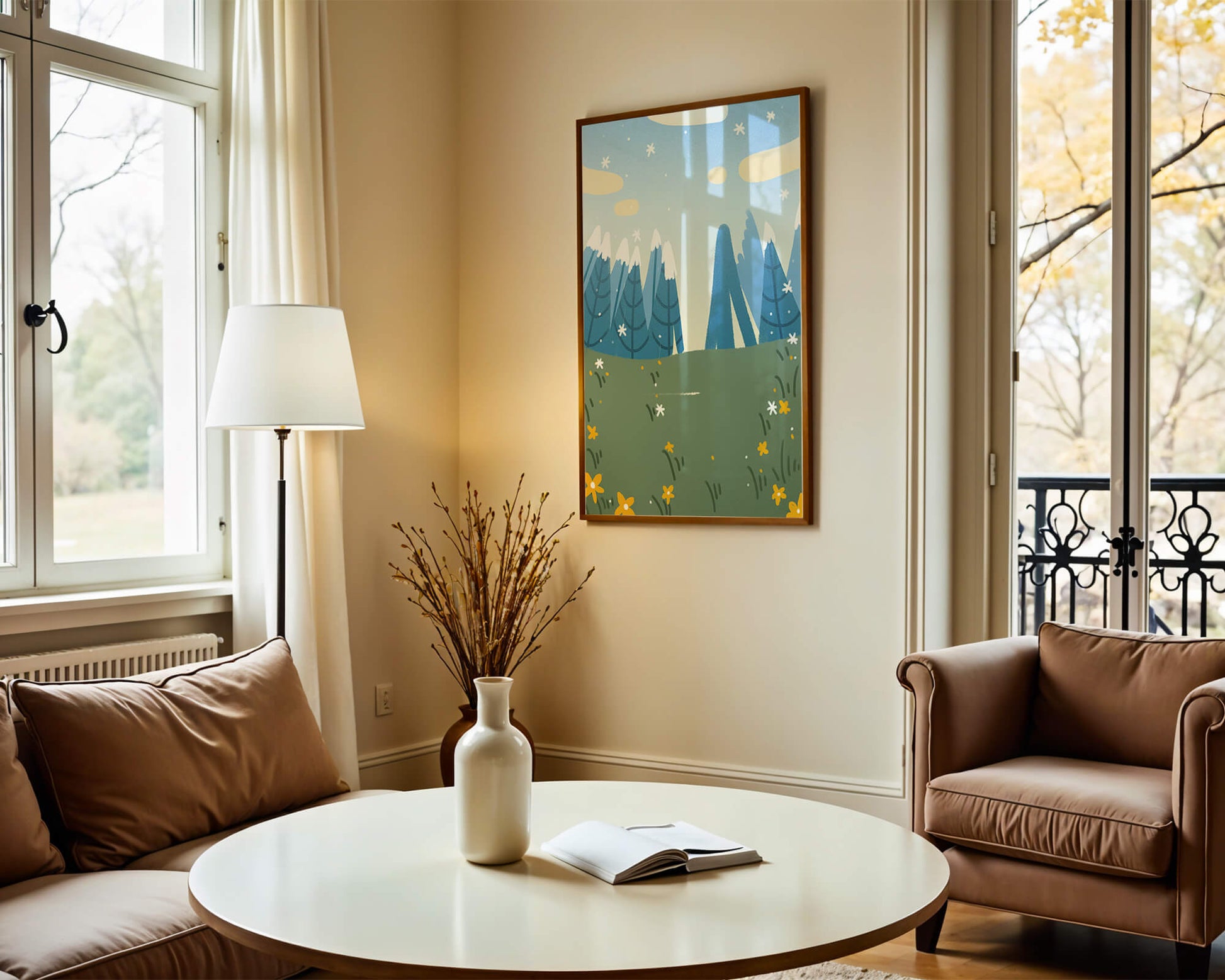 Landschaft mit schneebedeckten Bergen und Blumen im Cartoon-Stil