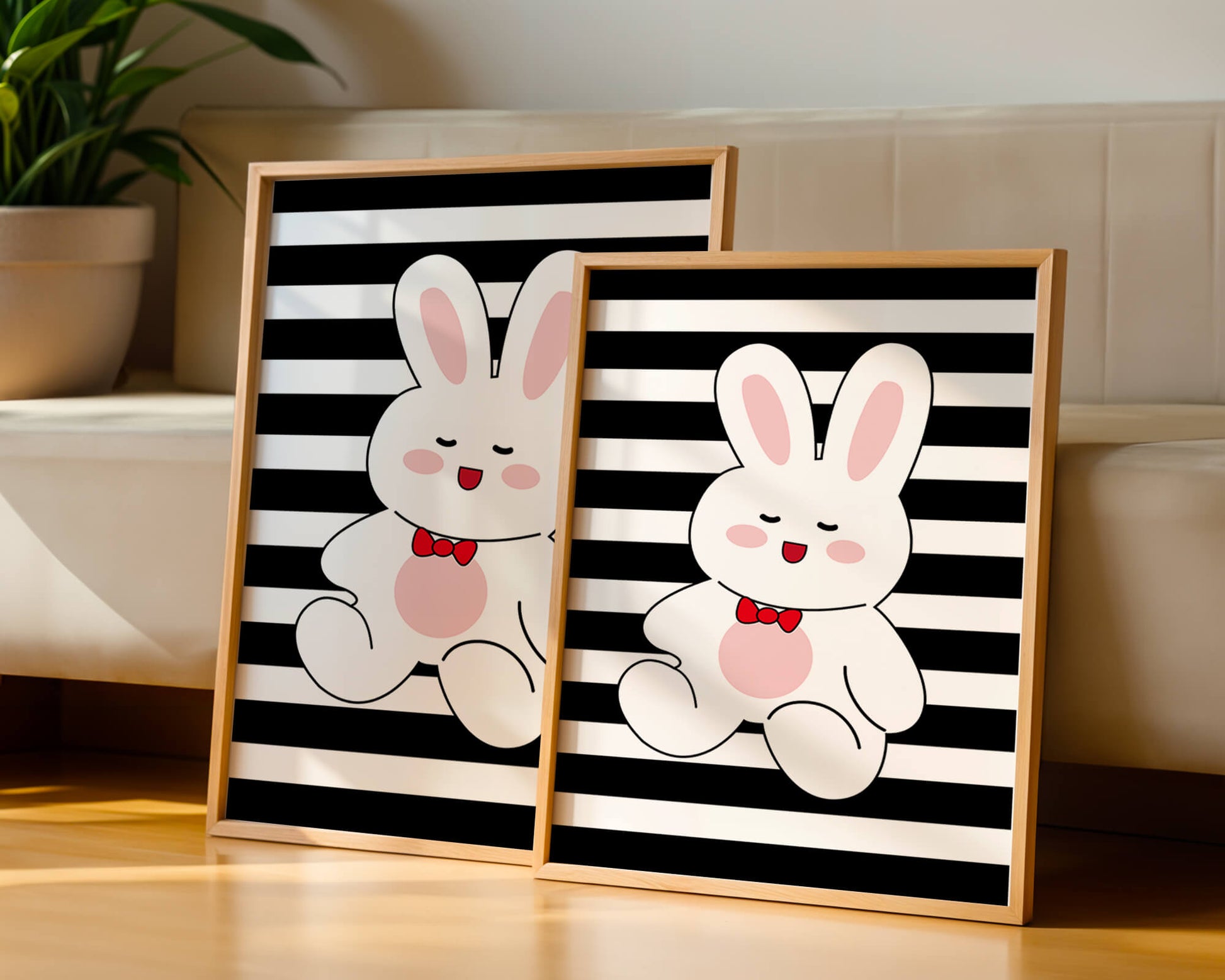 Adorable cartoon bunny with bold stripes and a red bow tie