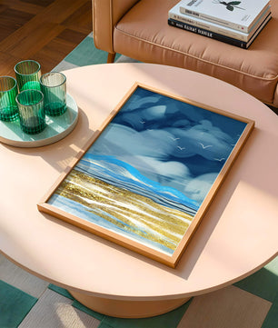 Dynamic Ocean Waves Under Cloudy Sky With Seagulls And Gold-Tinted Sand