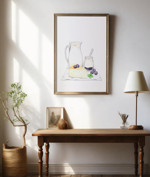 Illustration of dairy products with blueberries on polka dot cloth