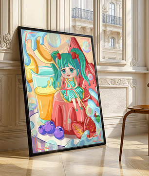 Scène de dessert fantaisiste avec un personnage mignon et des couleurs vives