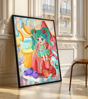 Whimsical dessert scene with cute character and vibrant colors