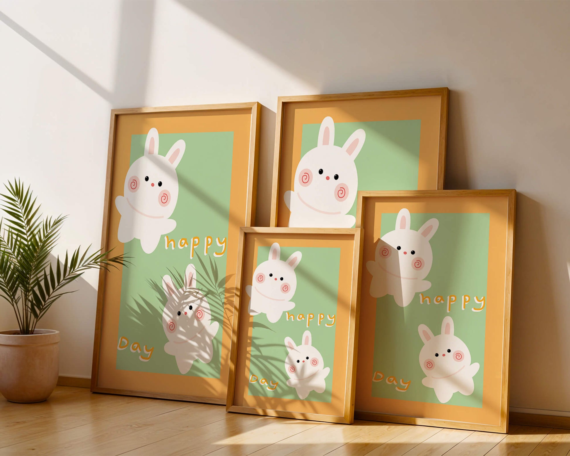 Conejos de dibujos animados juguetones con mensaje de día feliz sobre fondo colorido