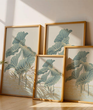 Elegant botanical illustration featuring large leaves with golden accents