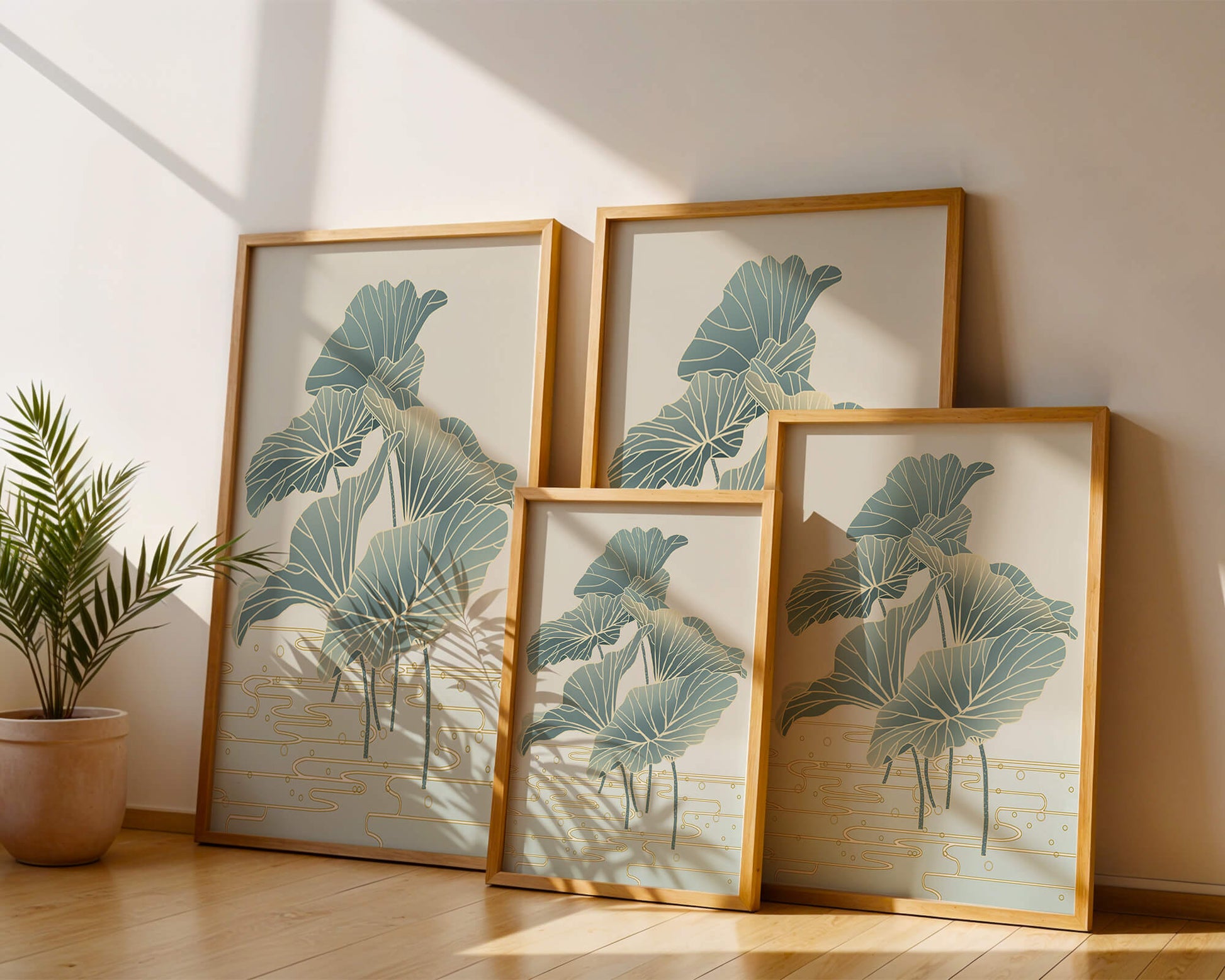 Elegant botanical illustration featuring large leaves with golden accents