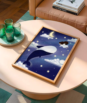 Whimsical night scene with flying angel and whale