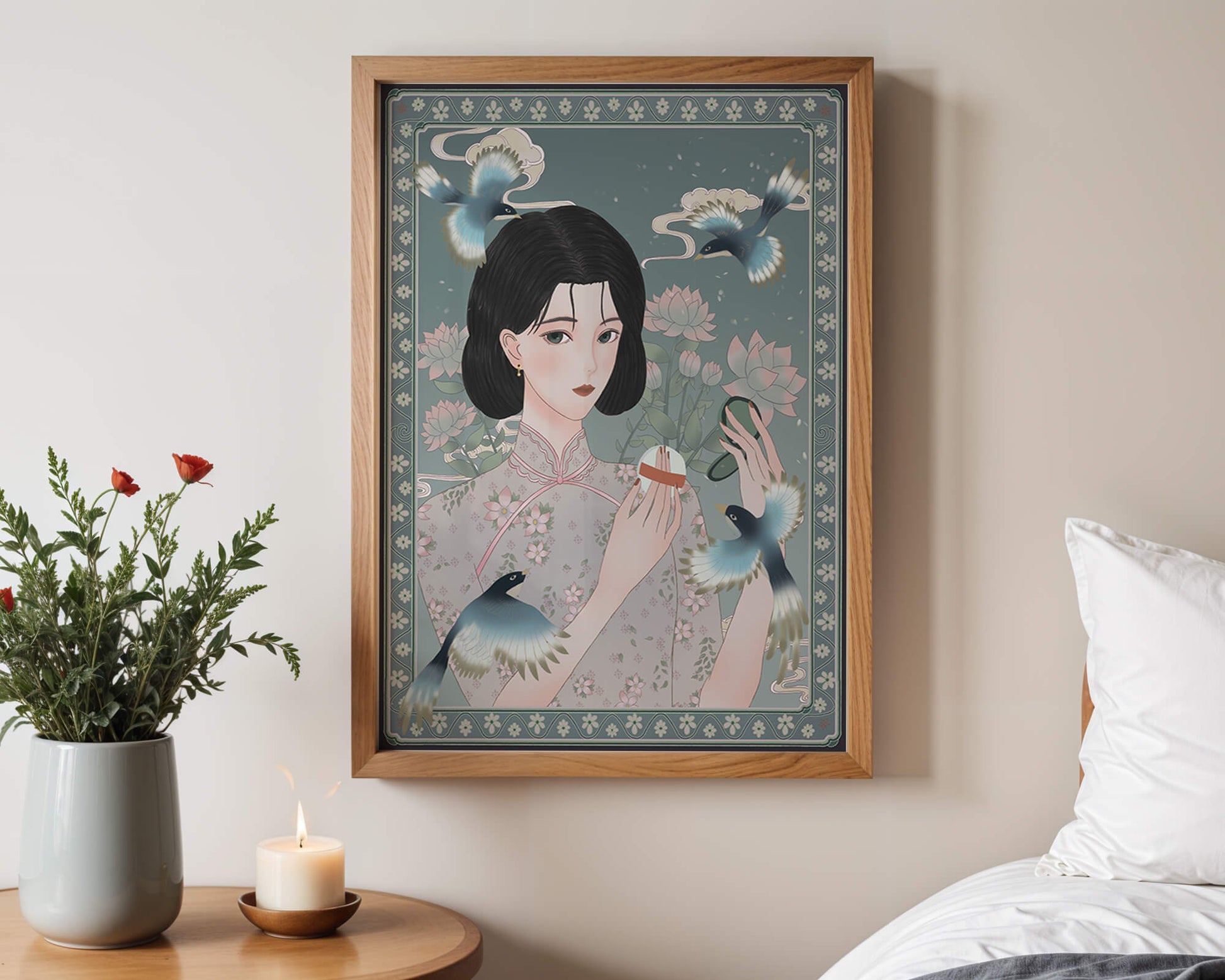 Elegant woman in floral kimono surrounded by birds and lotus flowers