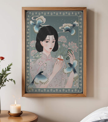 Elegant woman in floral kimono surrounded by birds and lotus flowers