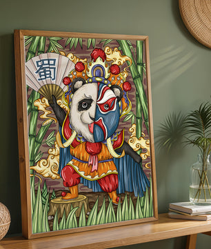 Colorful panda dressed in traditional Chinese opera costume surrounded by bamboo