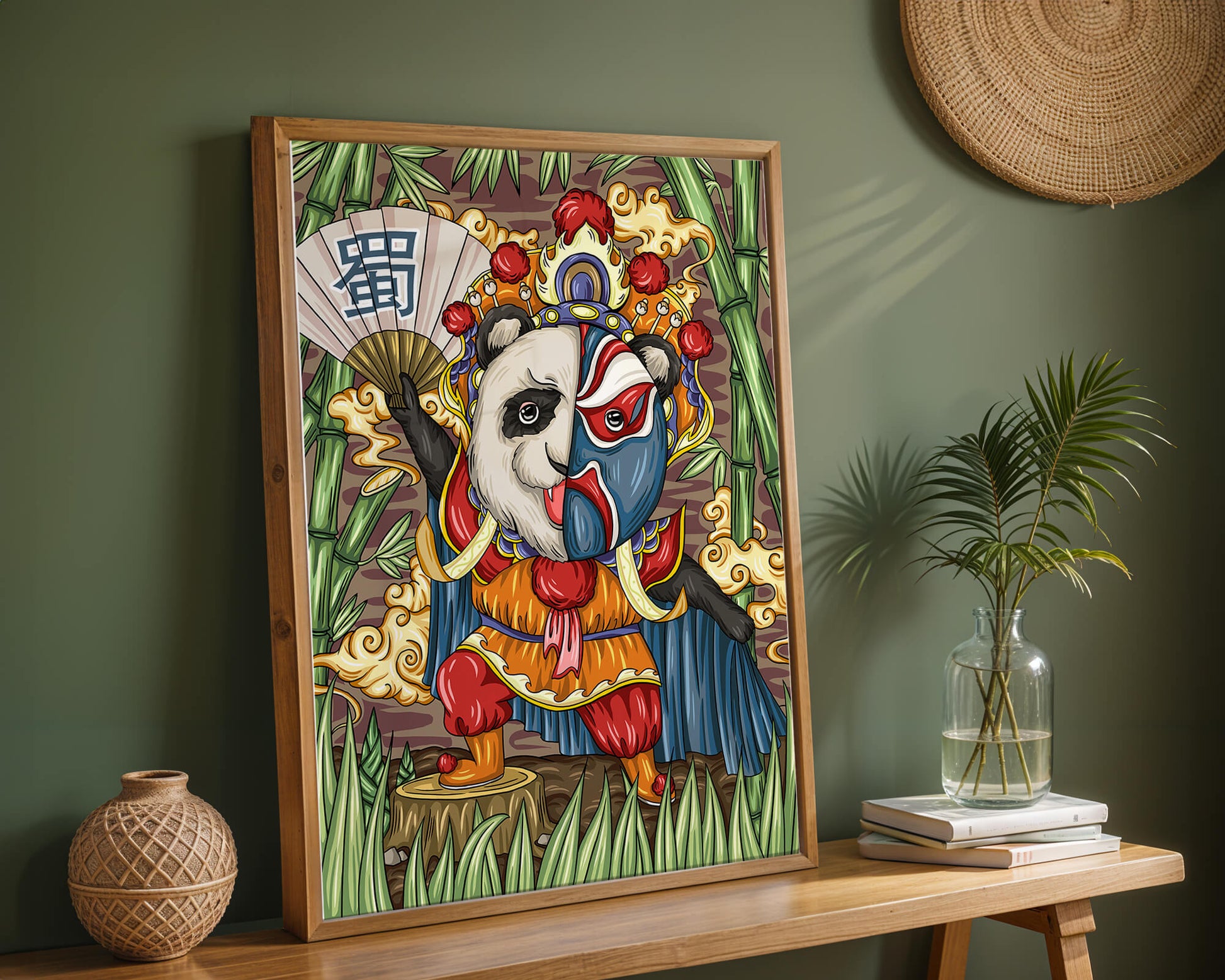 Colorful panda dressed in traditional Chinese opera costume surrounded by bamboo