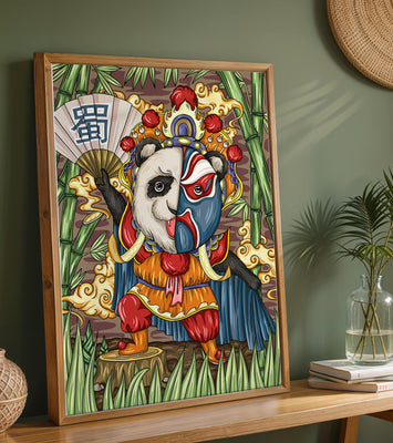Colorful panda dressed in traditional Chinese opera costume surrounded by bamboo