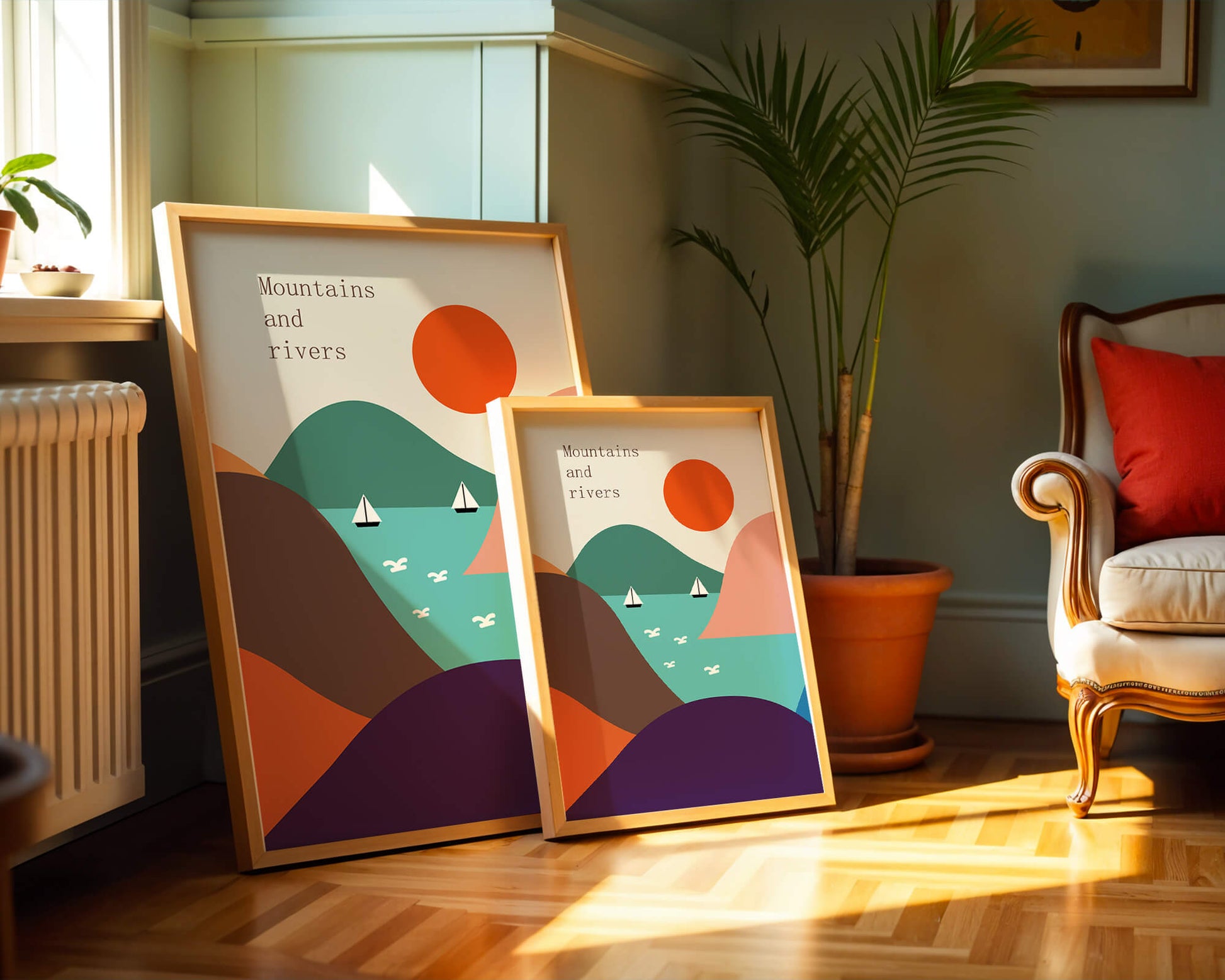 Abstract landscape with vibrant colors and geometric shapes