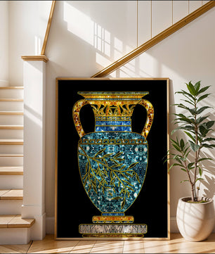 Jarrón de mosaico detallado con piedras preciosas doradas y azules sobre fondo negro