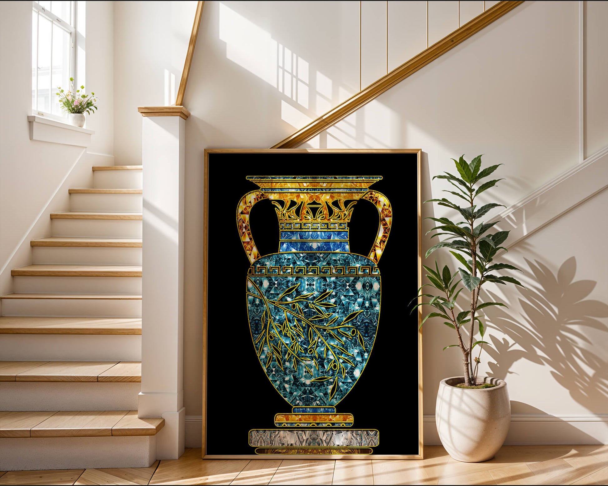 Jarrón de mosaico detallado con piedras preciosas doradas y azules sobre fondo negro