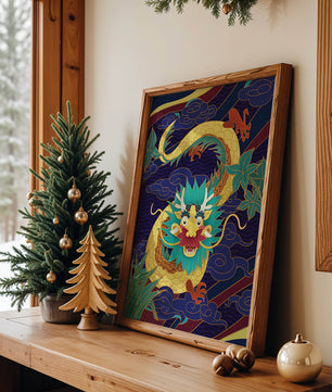 Illustration de dragon coloré avec des nuages ​​et des éléments de feuillage