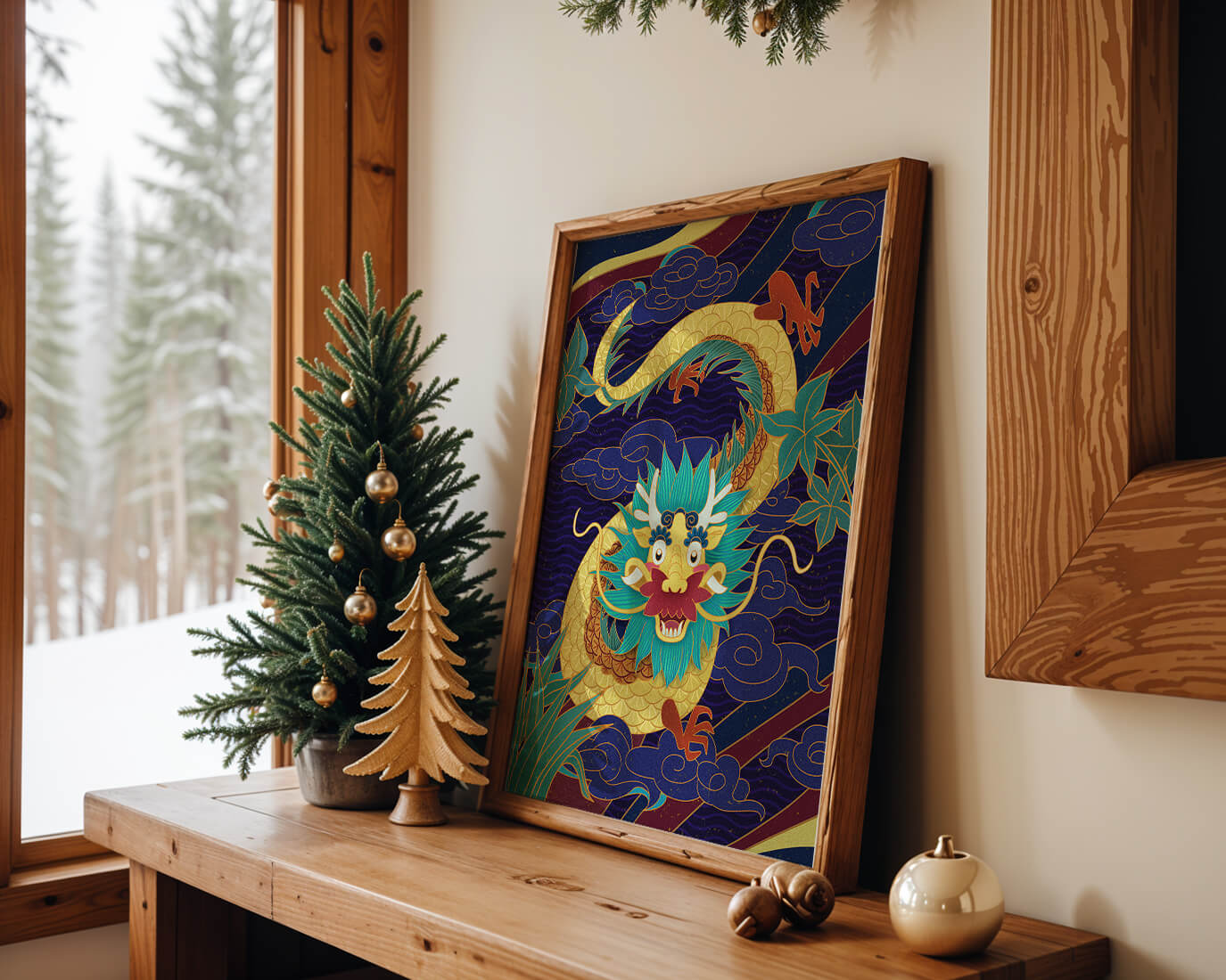 Illustration de dragon coloré avec des nuages ​​et des éléments de feuillage