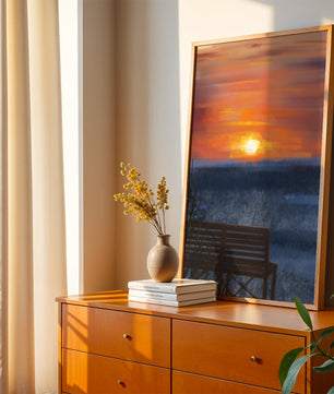 Serene Sunset Overlooking the Ocean with a Wooden Bench