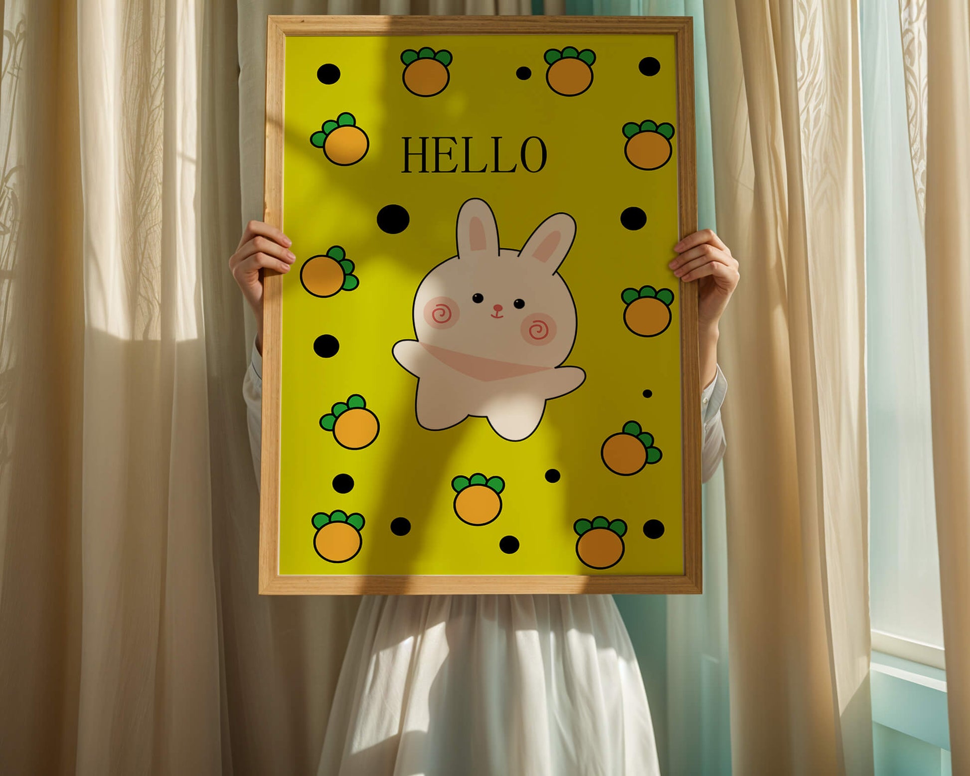 Charming rabbit cartoon illustration on yellow background with orange elements