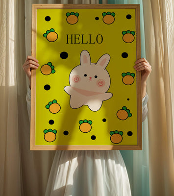 Charming rabbit cartoon illustration on yellow background with orange elements