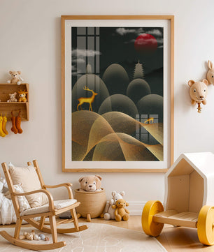 Golden Deer on Abstract Landscape with Red Sun and Pagoda