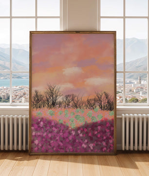 Paisaje sereno con campo floral vibrante y cielo pastel