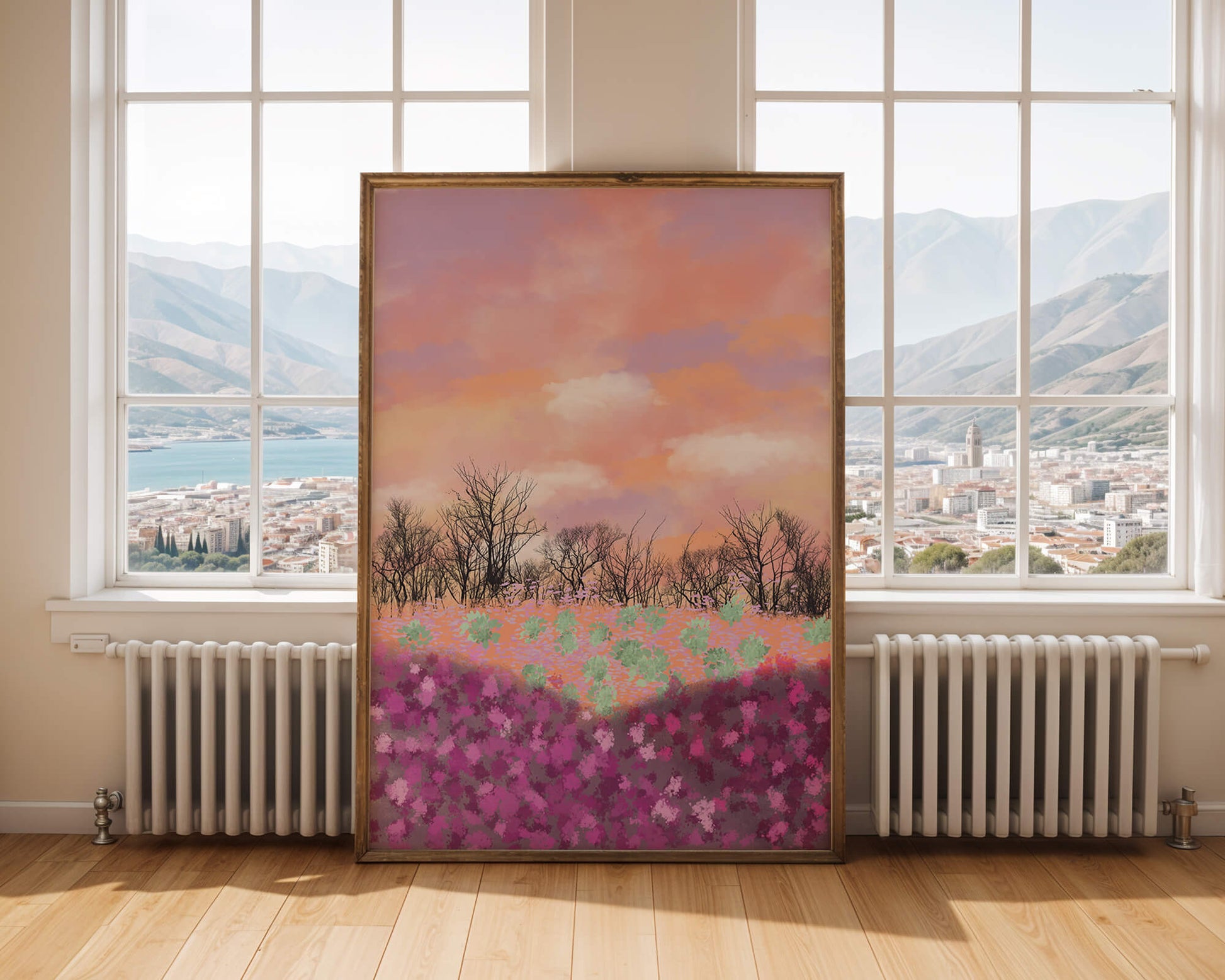 Paisaje sereno con campo floral vibrante y cielo pastel