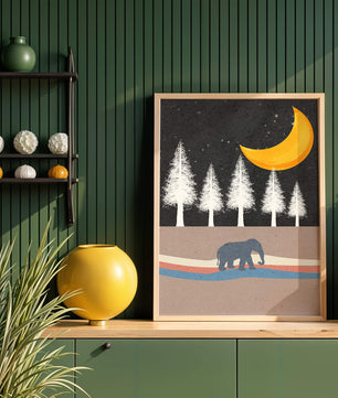 Serene Night Scene with Elephant Under Golden Moon in Forest - Mi tienda