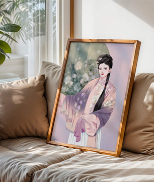 Elegant Asian Woman in Traditional Attire with Floral Background - Mi tienda