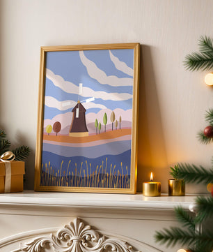 Paysage coloré avec moulin à vent et arbres abstraits