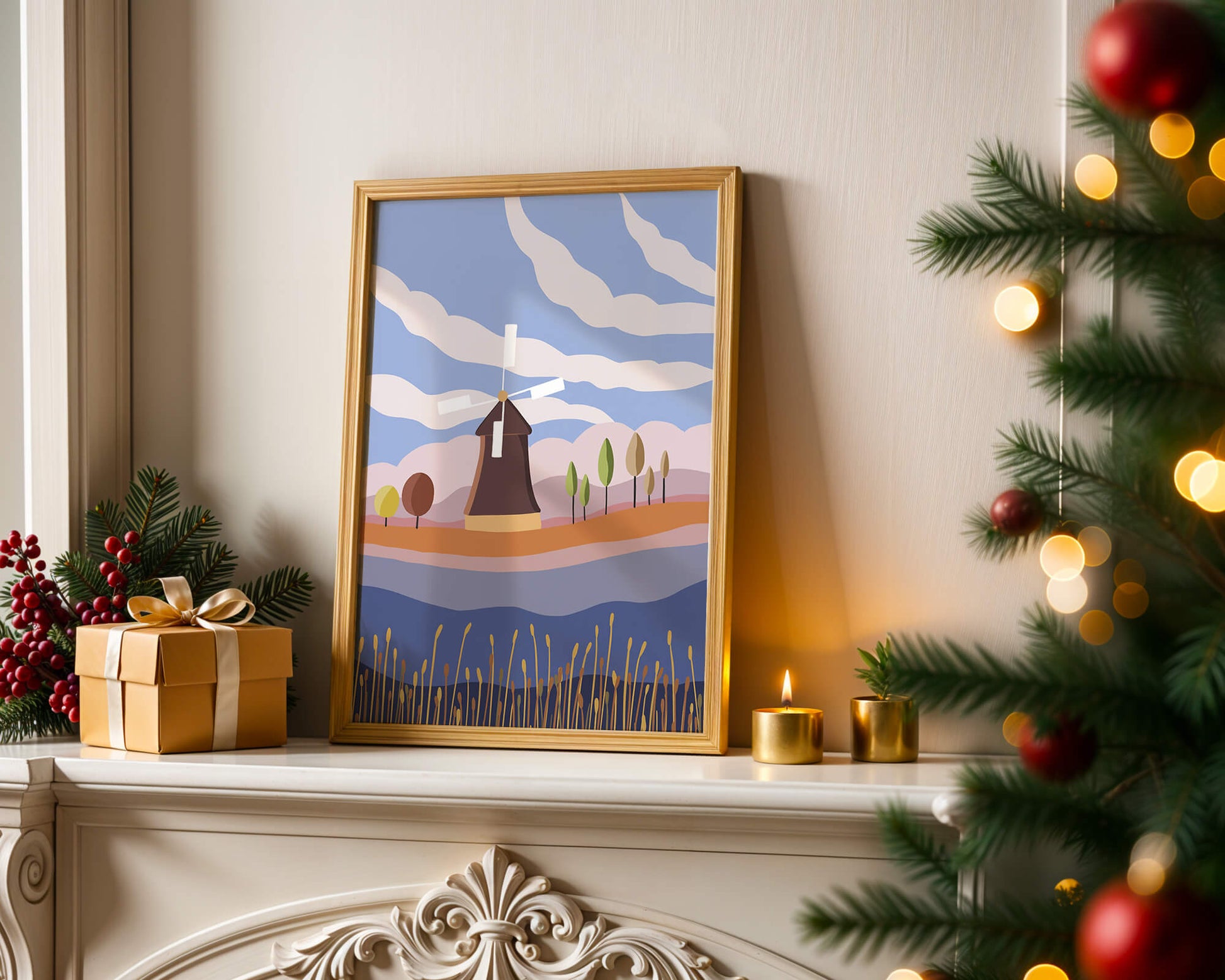 Colorful Landscape Featuring Windmill and Abstract Trees