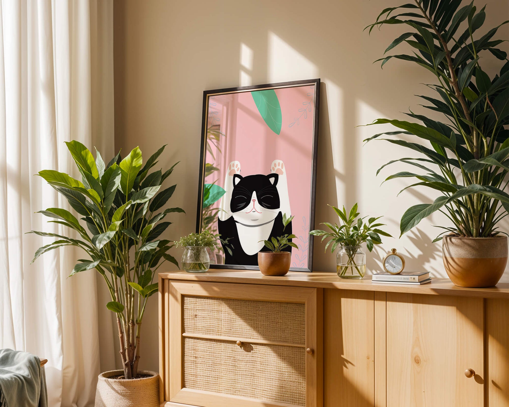 Illustrated cat on pink background with leaves