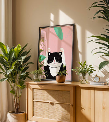 Illustrated cat on pink background with leaves
