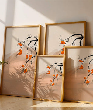 Branch with Persimmons and Snow in Minimalistic Landscape