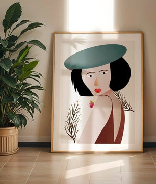 Mujer con sombrero azul y flor en estilo arte moderno