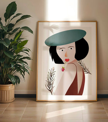 Woman with Blue Hat and Flower in Modern Art Style