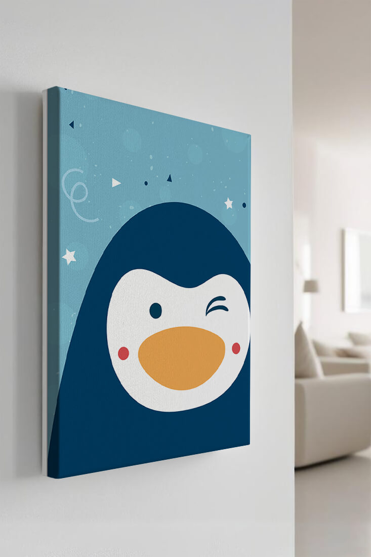 Pingüino de dibujos animados juguetón sobre un fondo azul caprichoso